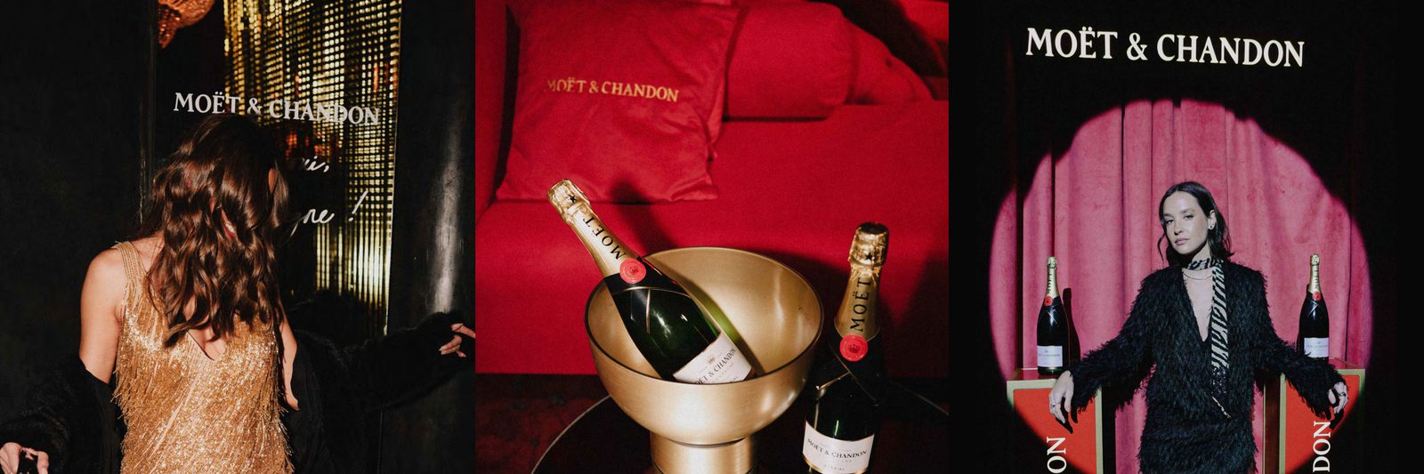 Pared de botellas iluminada con la marca Moët & Chandon en Caramelo.